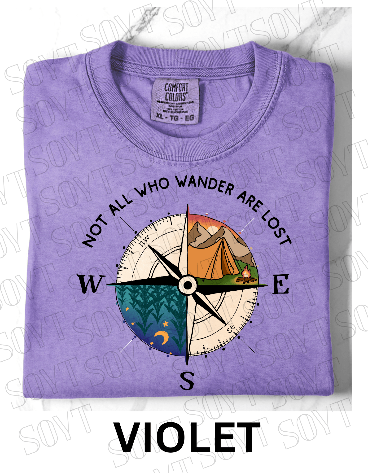 Not All Who Wander Are Lost T-Shirt – Compass Tent Fire & Night Forest Graphic Tee - Festive Apparel StoreViolet