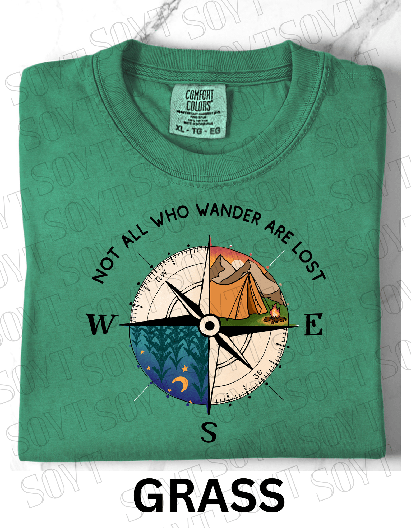 Not All Who Wander Are Lost T-Shirt – Compass Tent Fire & Night Forest Graphic Tee - Festive Apparel StoreGrass