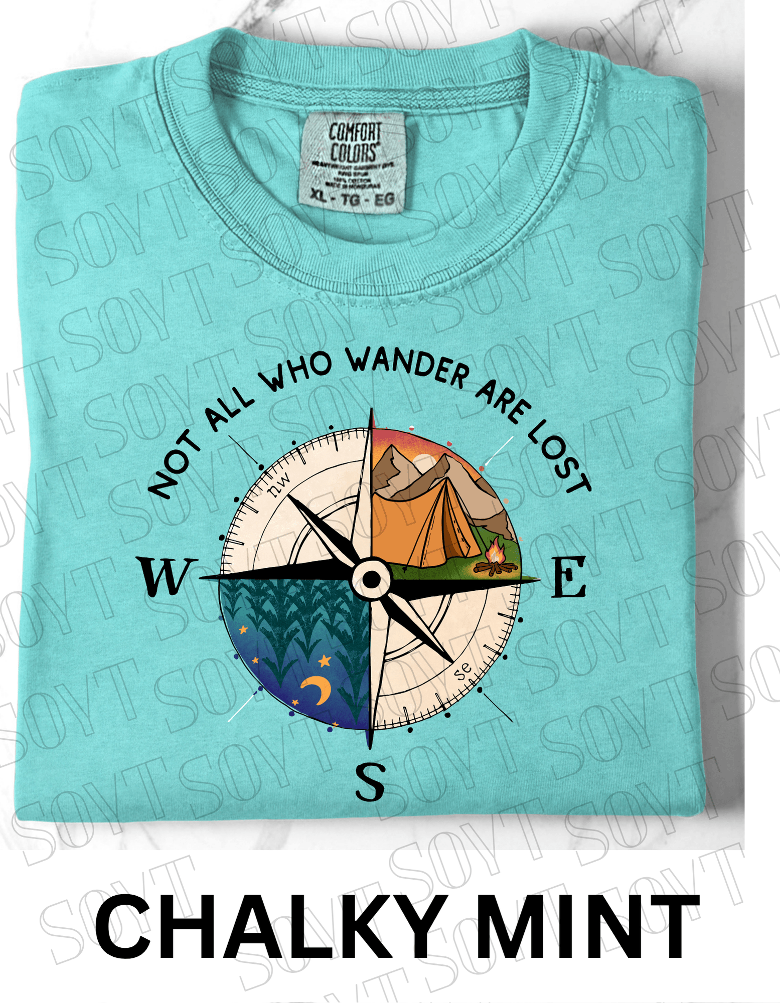 Not All Who Wander Are Lost T-Shirt – Compass Tent Fire & Night Forest Graphic Tee - Festive Apparel StoreChalky Mint