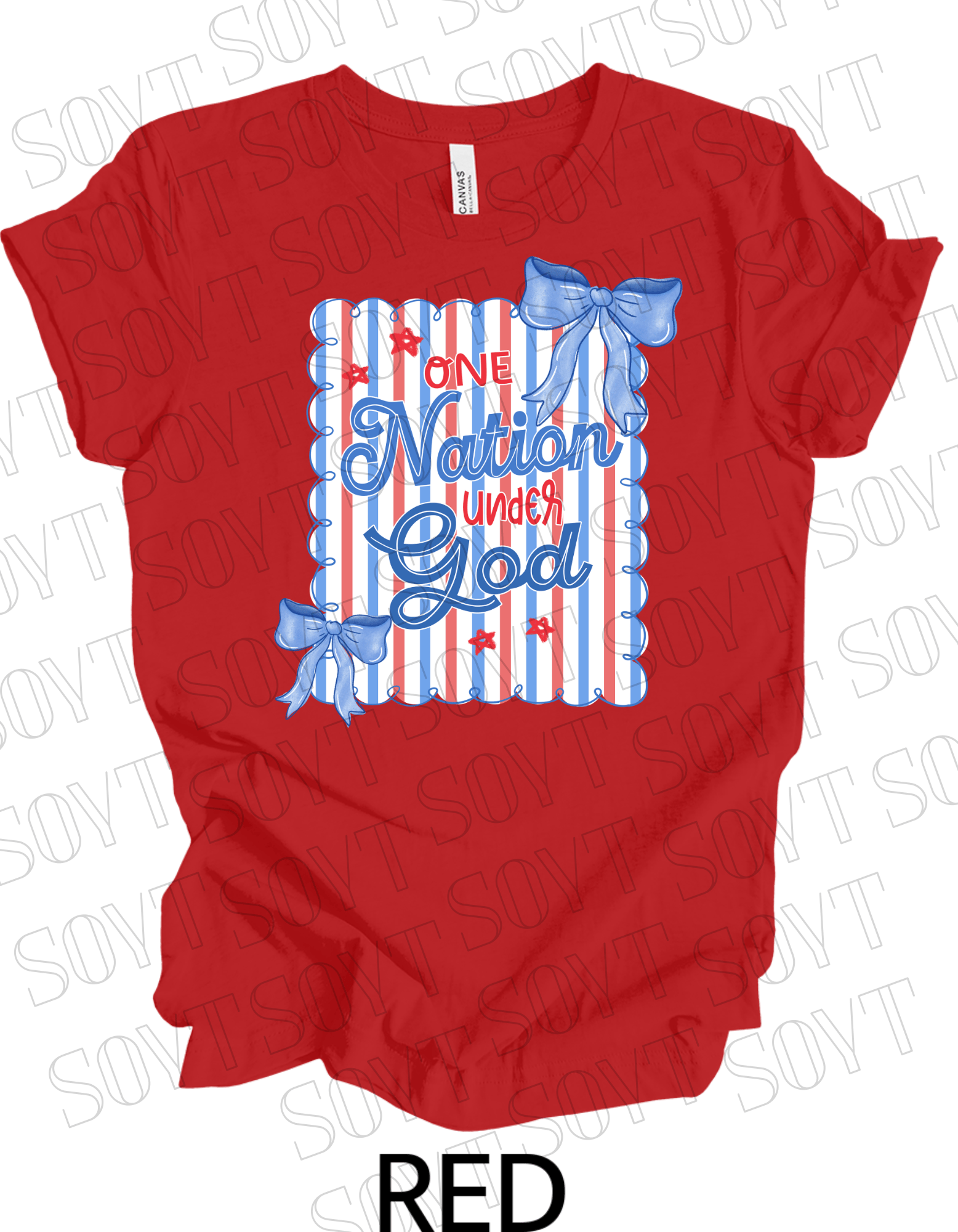 One Nation Under God Shirt – Christian Patriotic 4th of July Tee with Blue Bows & Stripes - Festive Apparel StoreRed