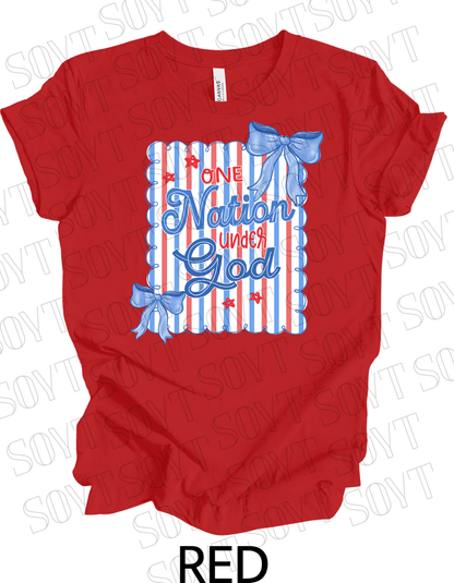 One Nation Under God Shirt – Christian Patriotic 4th of July Tee with Blue Bows & Stripes - Festive Apparel StoreRed