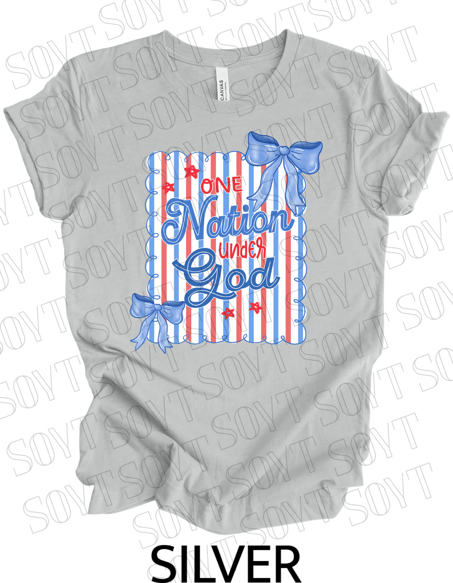 One Nation Under God Shirt – Christian Patriotic 4th of July Tee with Blue Bows & Stripes - Festive Apparel StoreSilver
