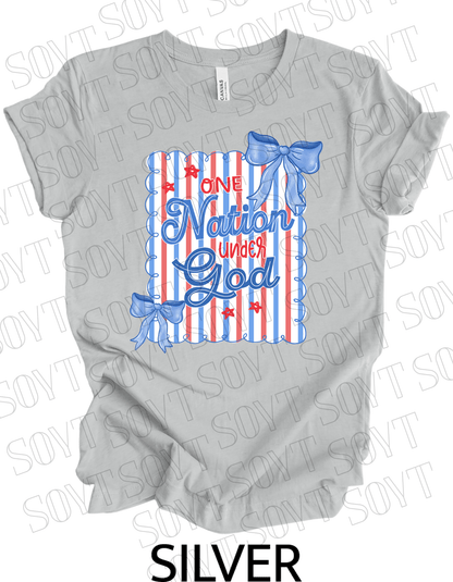 One Nation Under God Shirt – Christian Patriotic 4th of July Tee with Blue Bows & Stripes - Festive Apparel StoreSilver