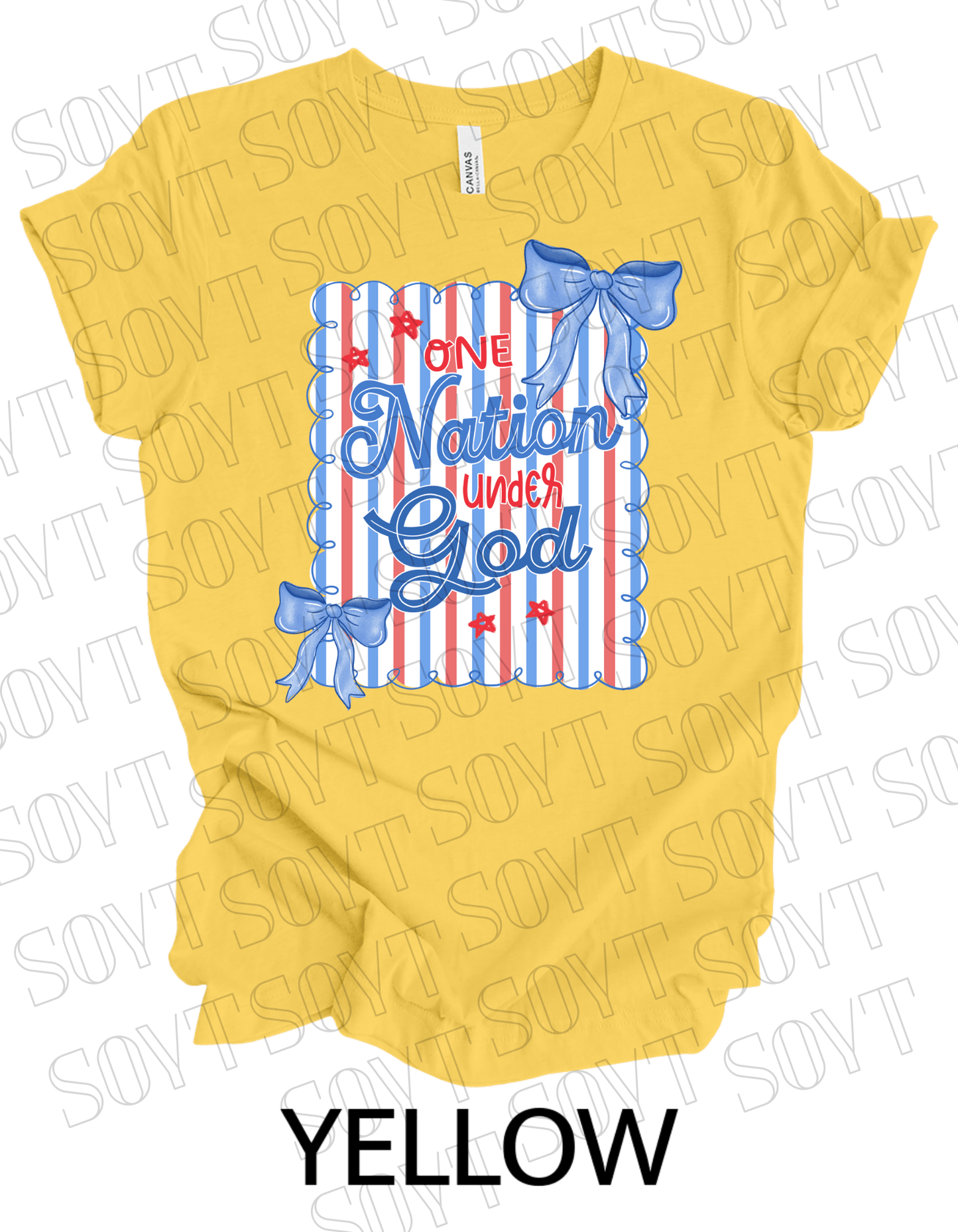 One Nation Under God Shirt – Christian Patriotic 4th of July Tee with Blue Bows & Stripes - Festive Apparel StoreYellow