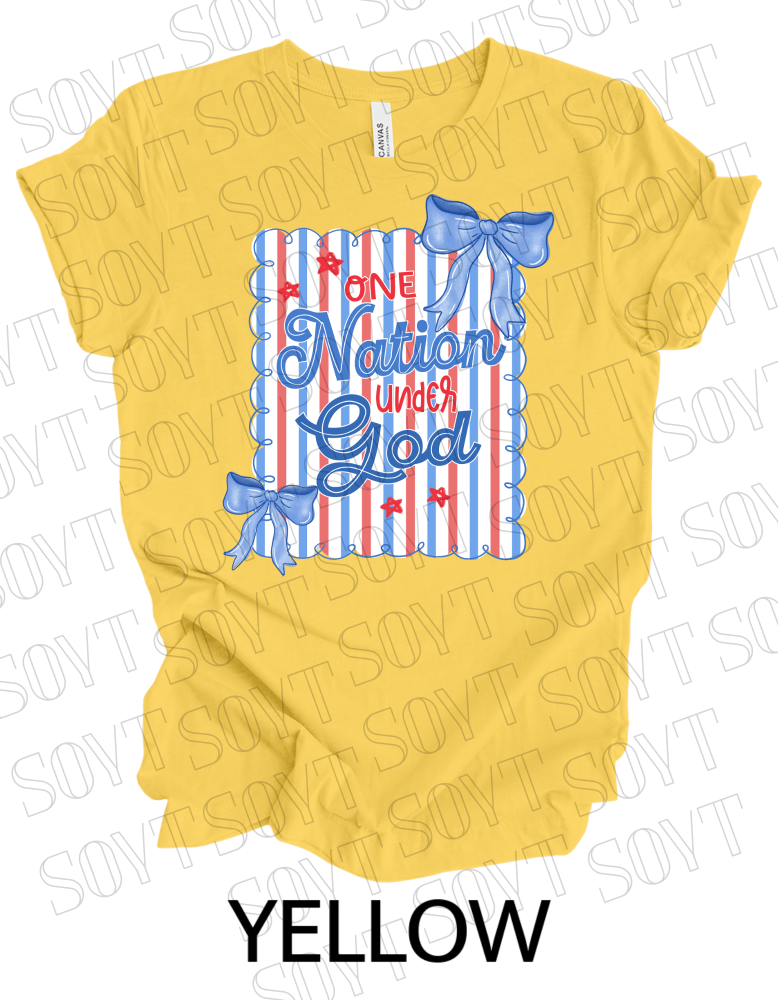 One Nation Under God Shirt – Christian Patriotic 4th of July Tee with Blue Bows & Stripes - Festive Apparel StoreYellow