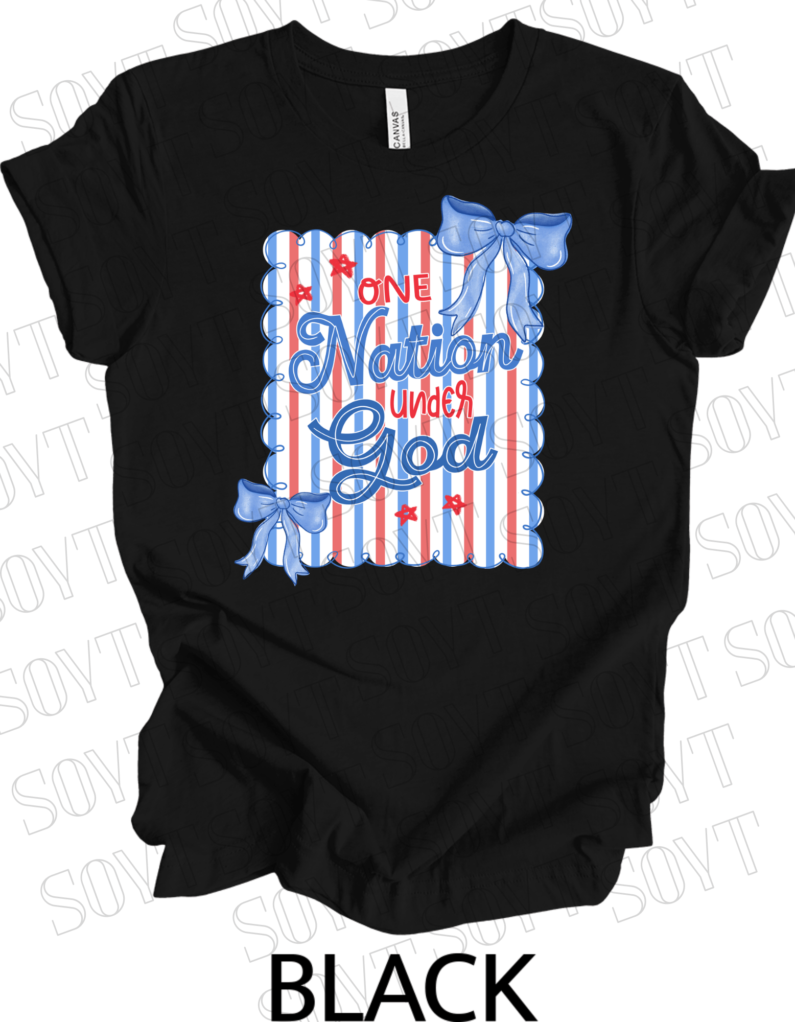 One Nation Under God Shirt – Christian Patriotic 4th of July Tee with Blue Bows & Stripes - Festive Apparel StoreBlack