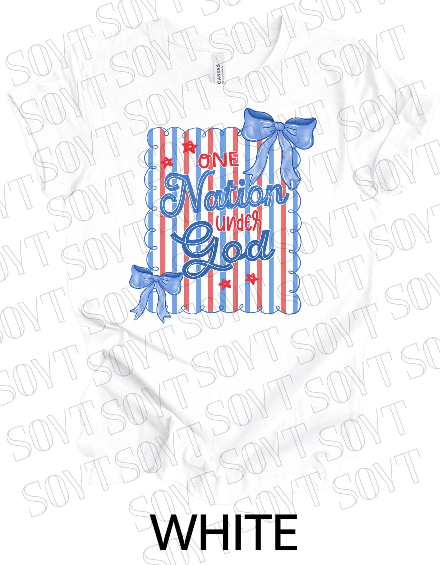 One Nation Under God Shirt – Christian Patriotic 4th of July Tee with Blue Bows & Stripes - Festive Apparel StoreWhite