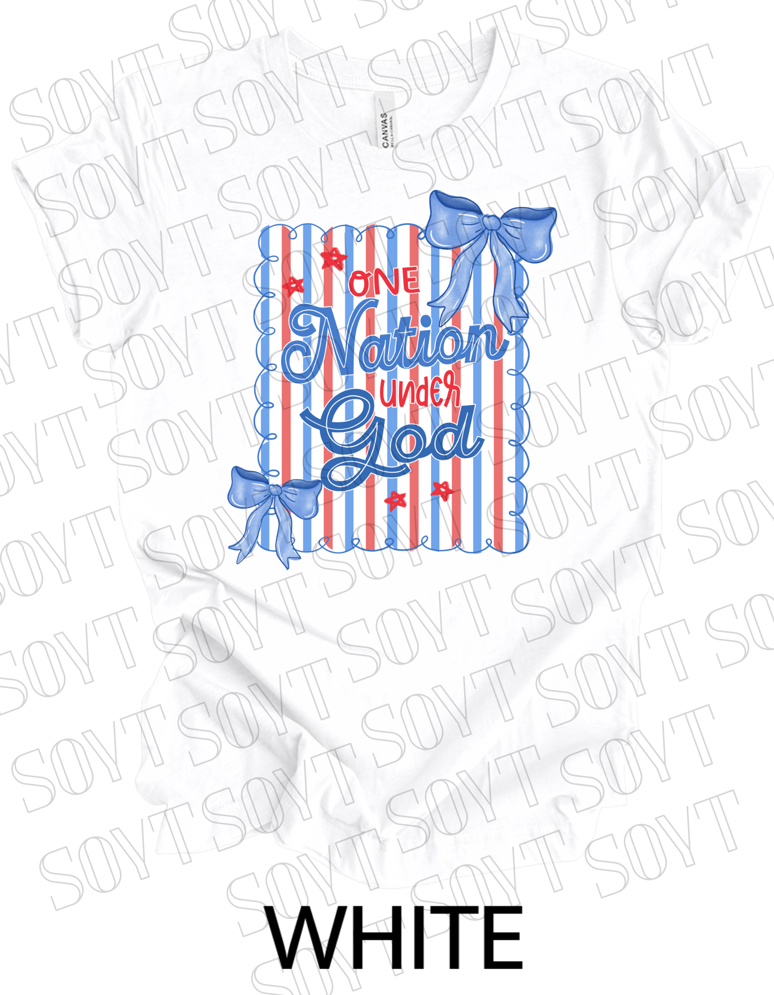 One Nation Under God Shirt – Christian Patriotic 4th of July Tee with Blue Bows & Stripes - Festive Apparel StoreWhite