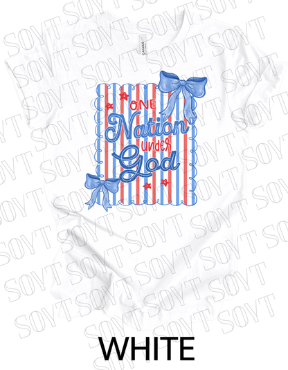 One Nation Under God Shirt – Christian Patriotic 4th of July Tee with Blue Bows & Stripes - Festive Apparel StoreWhite