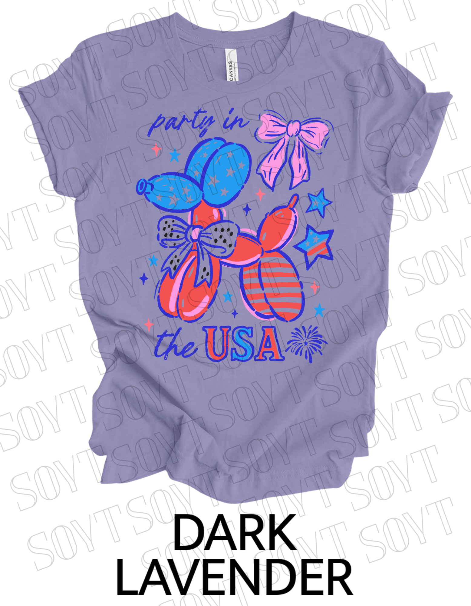 Party in the USA Balloon Dog T-Shirt – Fun Patriotic 4th of July Tee for Women & Teens | USA Made - Festive Apparel StoreDark Lavender