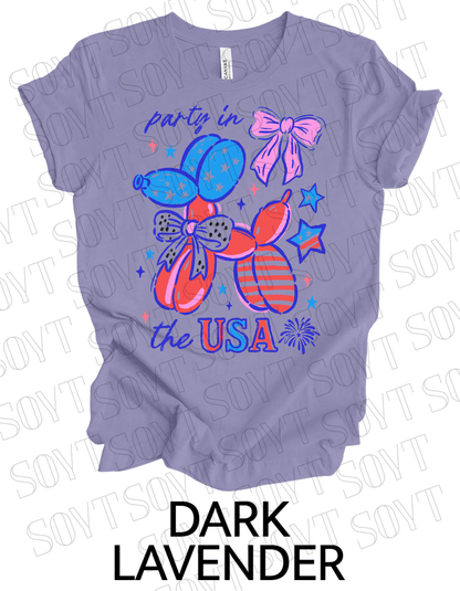 Party in the USA Balloon Dog T-Shirt – Fun Patriotic 4th of July Tee for Women & Teens | USA Made - Festive Apparel StoreDark Lavender