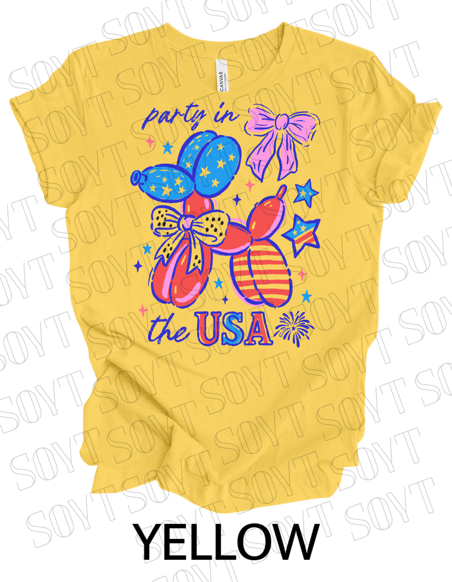 Party in the USA Balloon Dog T-Shirt – Fun Patriotic 4th of July Tee for Women & Teens | USA Made - Festive Apparel StoreYellow
