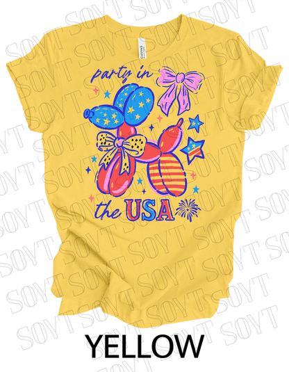 Party in the USA Balloon Dog T-Shirt – Fun Patriotic 4th of July Tee for Women & Teens | USA Made - Festive Apparel StoreYellow
