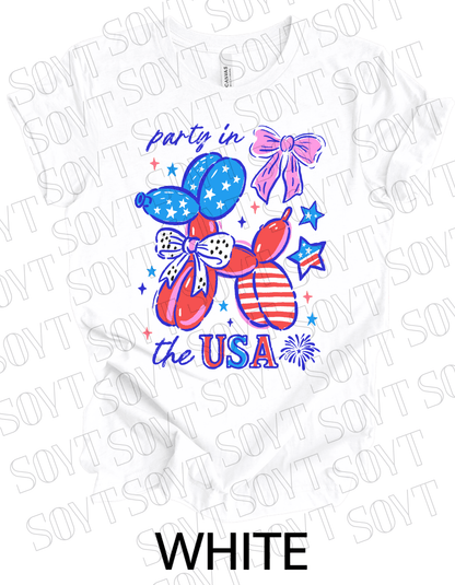 Party in the USA Balloon Dog T-Shirt – Fun Patriotic 4th of July Tee for Women & Teens | USA Made - Festive Apparel StoreWhite