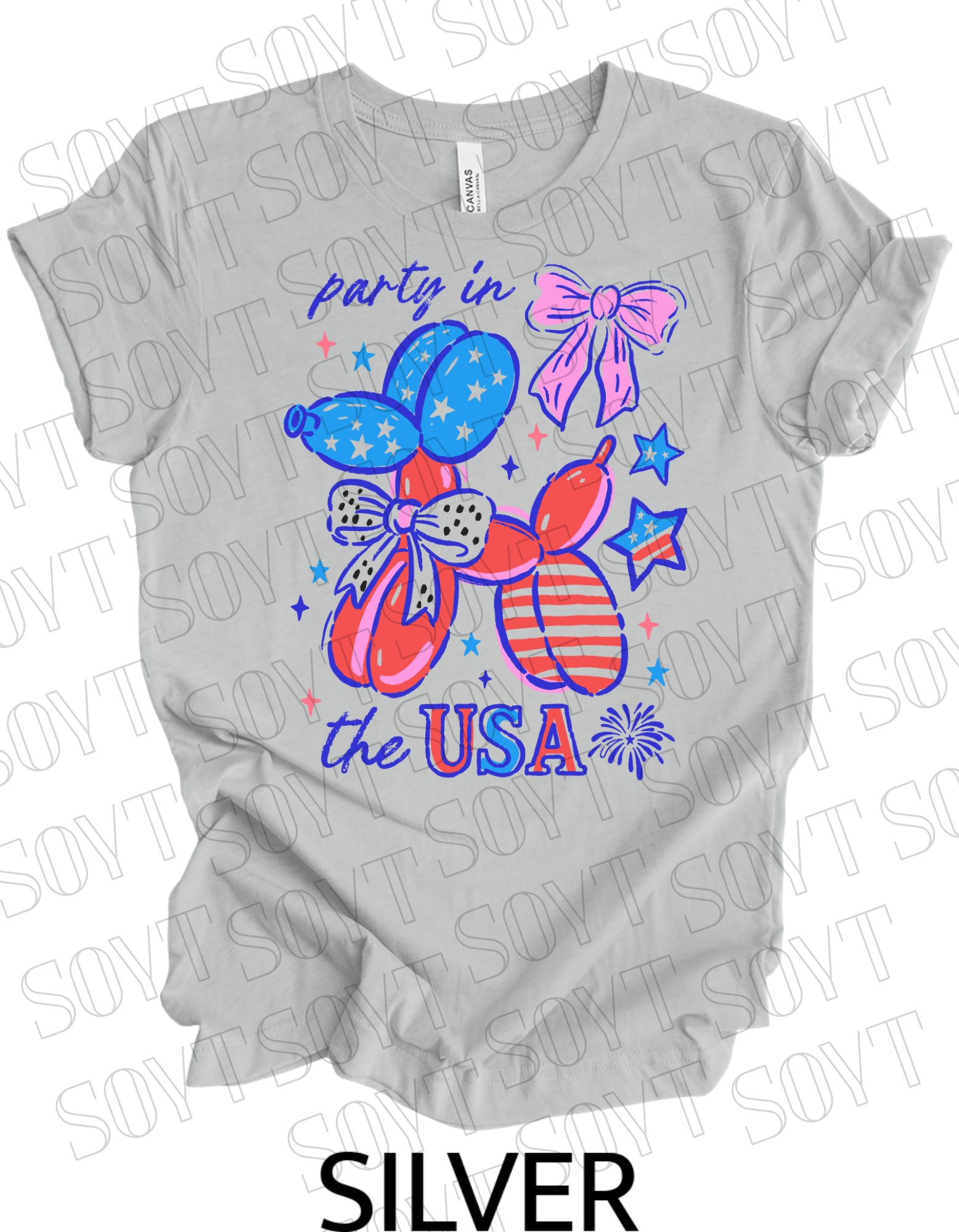Party in the USA Balloon Dog T-Shirt – Fun Patriotic 4th of July Tee for Women & Teens | USA Made - Festive Apparel StoreSilver