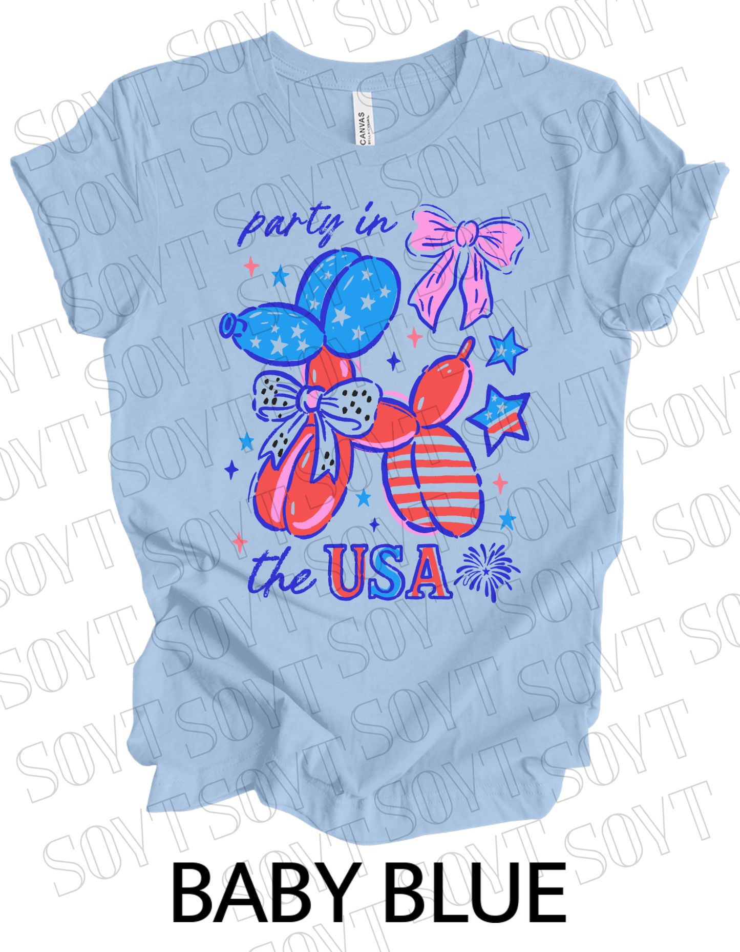 Party in the USA Balloon Dog T-Shirt – Fun Patriotic 4th of July Tee for Women & Teens | USA Made - Festive Apparel StoreBaby Blue