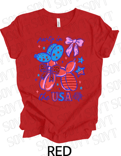 Party in the USA Balloon Dog T-Shirt – Fun Patriotic 4th of July Tee for Women & Teens | USA Made - Festive Apparel StoreRed