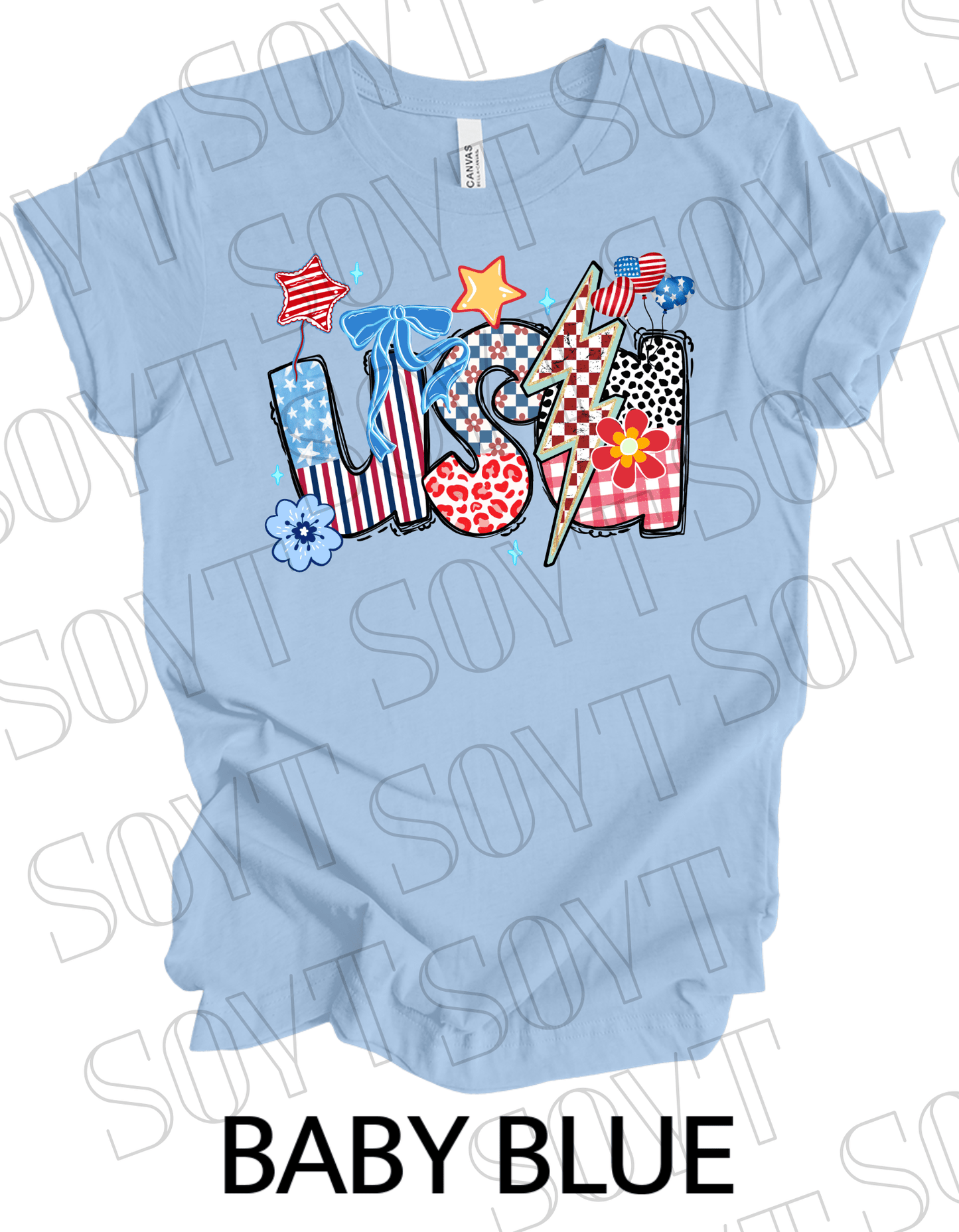 Patchwork USA T-Shirt – Bella+Canvas Bold Patriotic Graphic Tee - Festive Apparel StoreBaby Blue