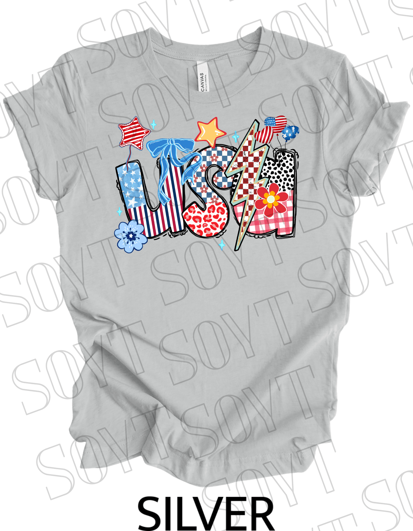 Patchwork USA T-Shirt – Bella+Canvas Bold Patriotic Graphic Tee - Festive Apparel StoreSilver