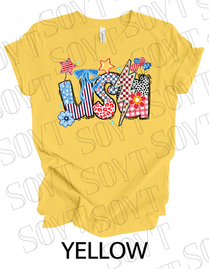 Patchwork USA T-Shirt – Bella+Canvas Bold Patriotic Graphic Tee - Festive Apparel StoreYellow