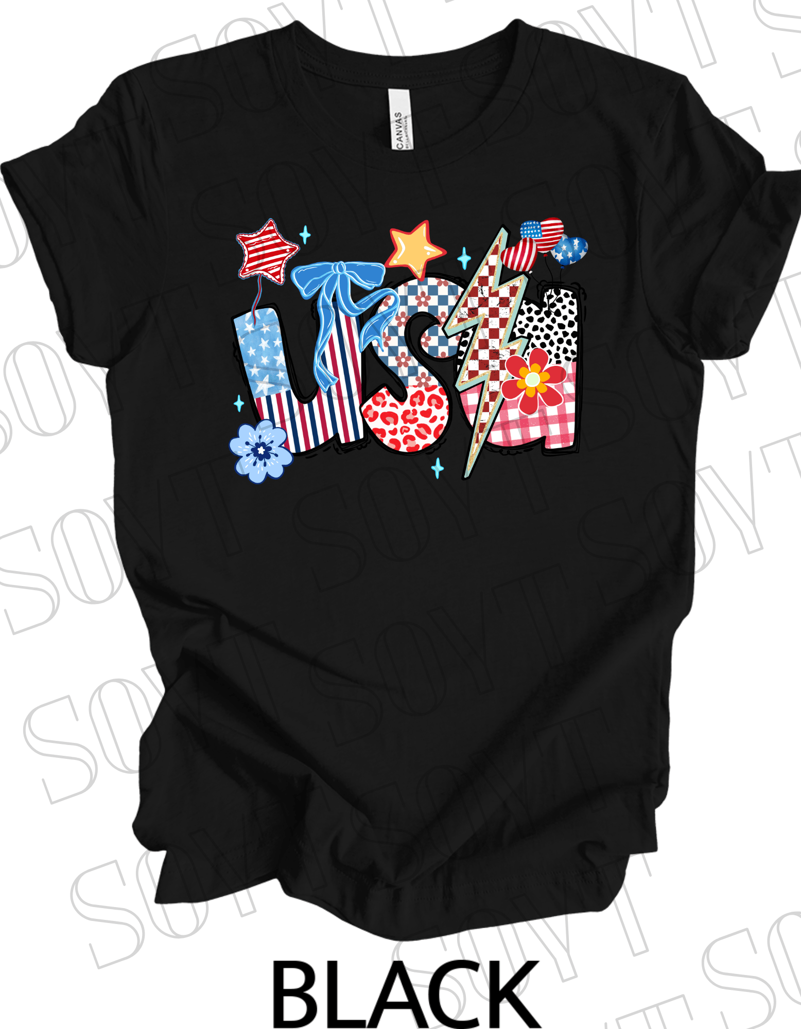 Patchwork USA T-Shirt – Bella+Canvas Bold Patriotic Graphic Tee - Festive Apparel StoreBlack
