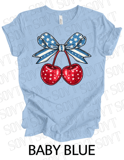 Patriotic Cherry Bow T-Shirt – Bella+Canvas 4th of July Graphic Tee - Festive Apparel StoreBaby Blue