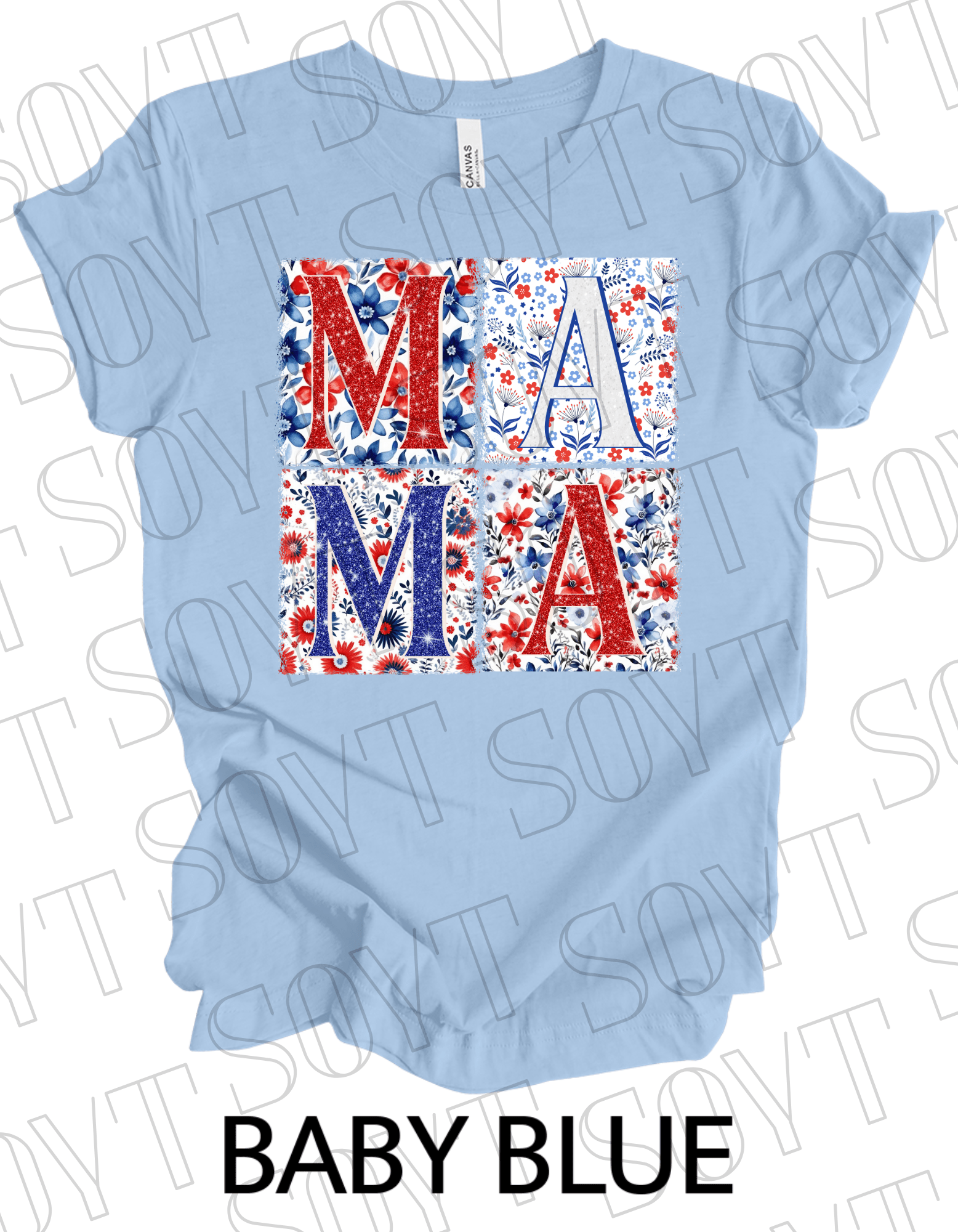 Patriotic MAMA Floral T-Shirt – Bella+Canvas 4th of July Mom Tee - Festive Apparel StoreBaby Blue