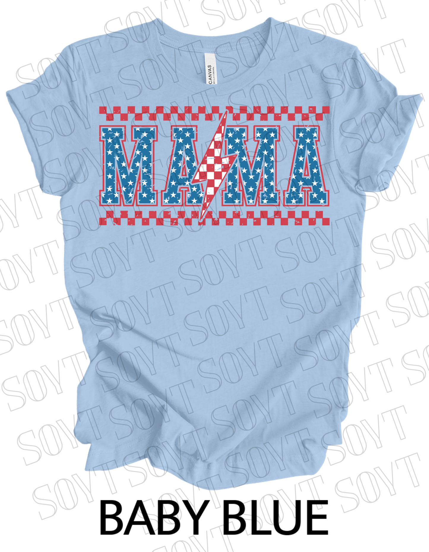Patriotic Mama Lightning T-Shirt – Gingham & Stars 4th of July Mom Tee | Made in USA - Festive Apparel StoreBaby Blue
