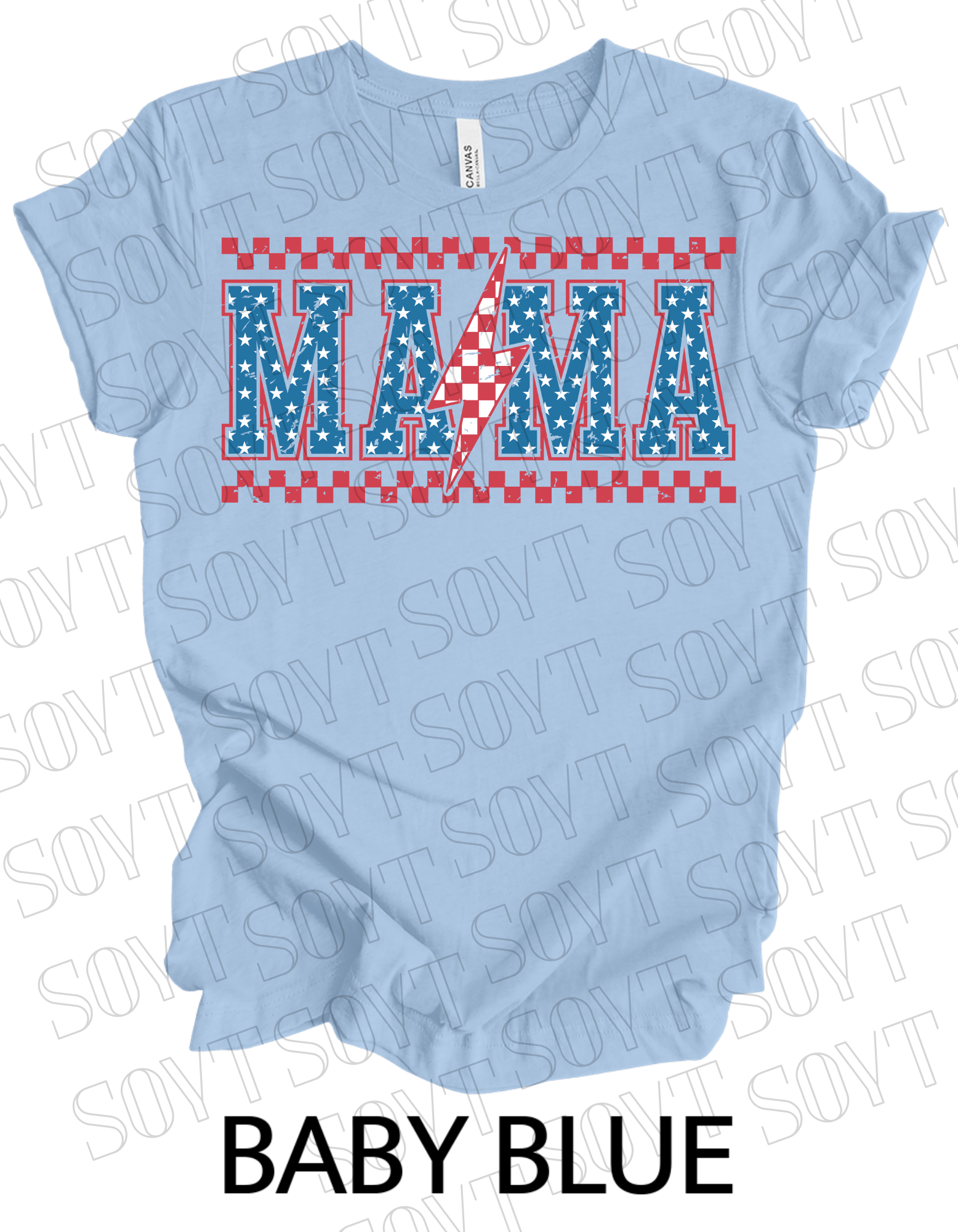 Patriotic Mama Lightning T-Shirt – Gingham & Stars 4th of July Mom Tee | Made in USA - Festive Apparel StoreBaby Blue