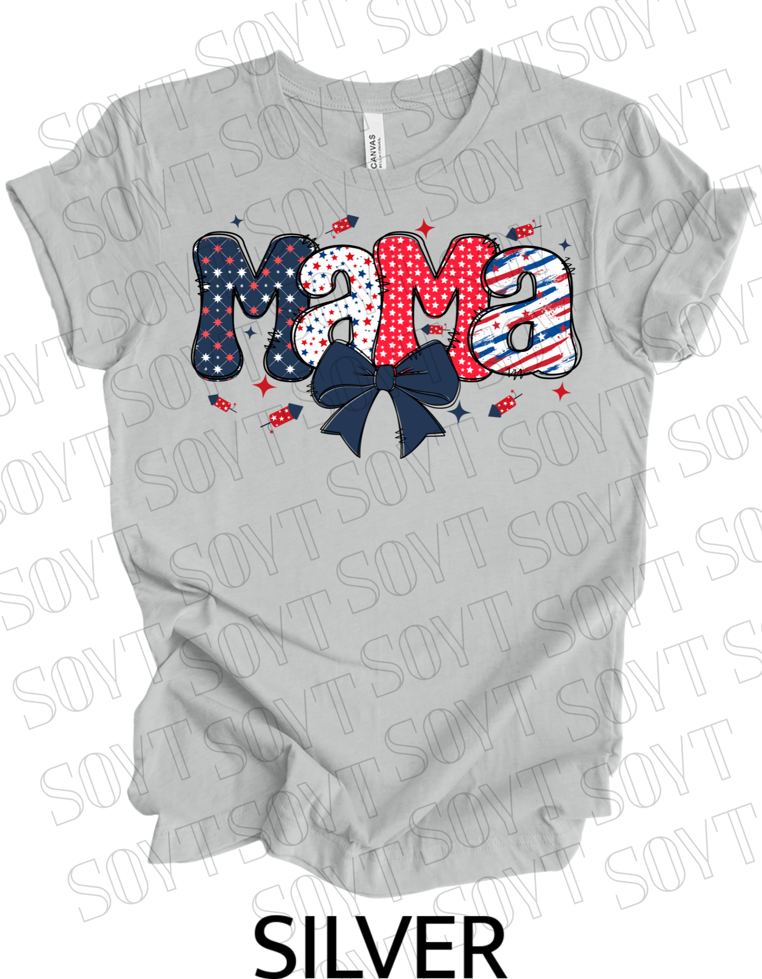 Patriotic Mama T-Shirt – 4th of July Mom Tee with Stars & Bow | Made in USA - Festive Apparel StoreSilver
