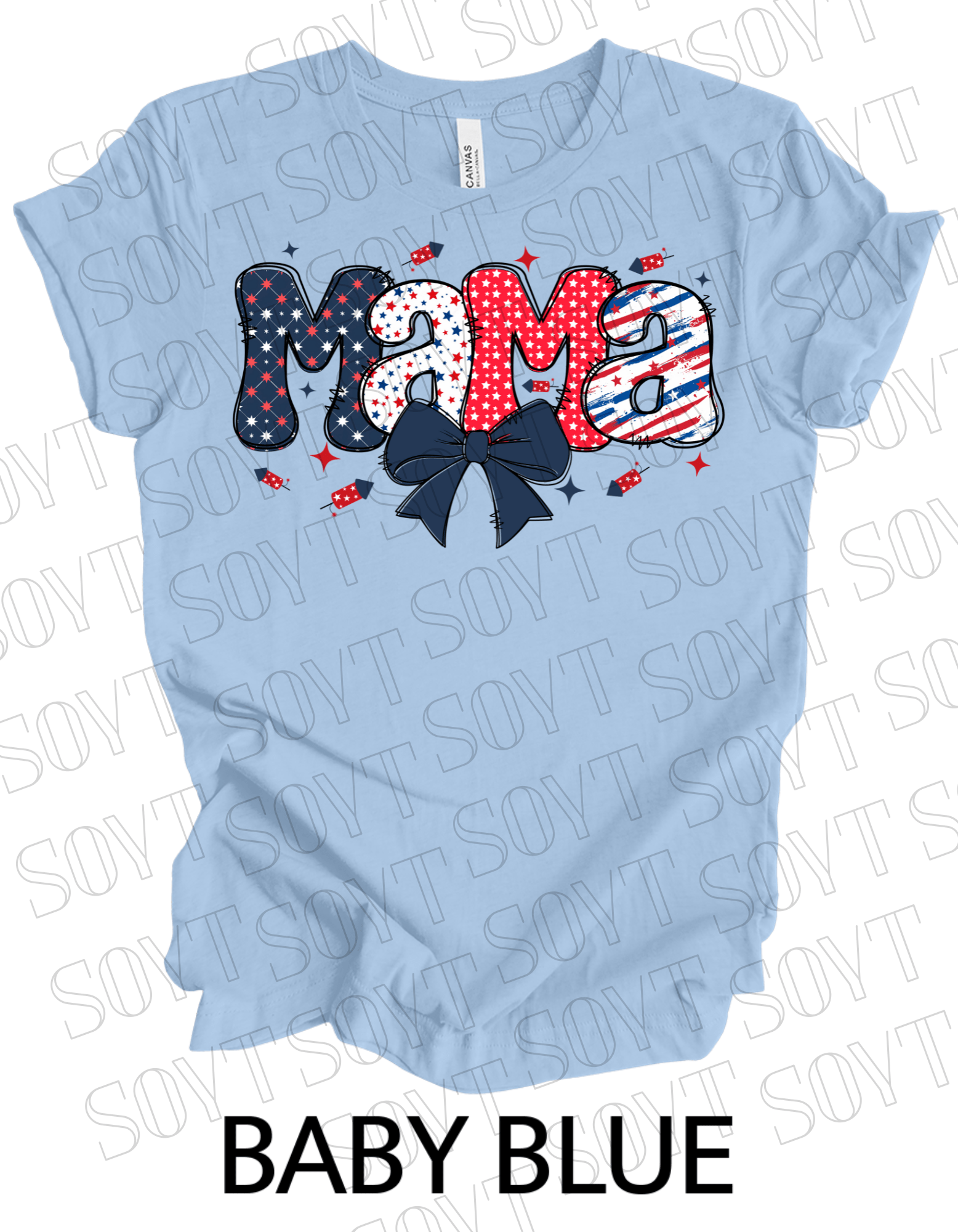 Patriotic Mama T-Shirt – 4th of July Mom Tee with Stars & Bow | Made in USA - Festive Apparel StoreBaby Blue