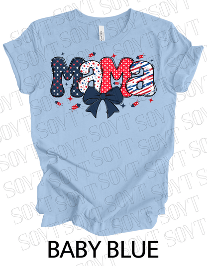 Patriotic Mama T-Shirt – 4th of July Mom Tee with Stars & Bow | Made in USA - Festive Apparel StoreBaby Blue