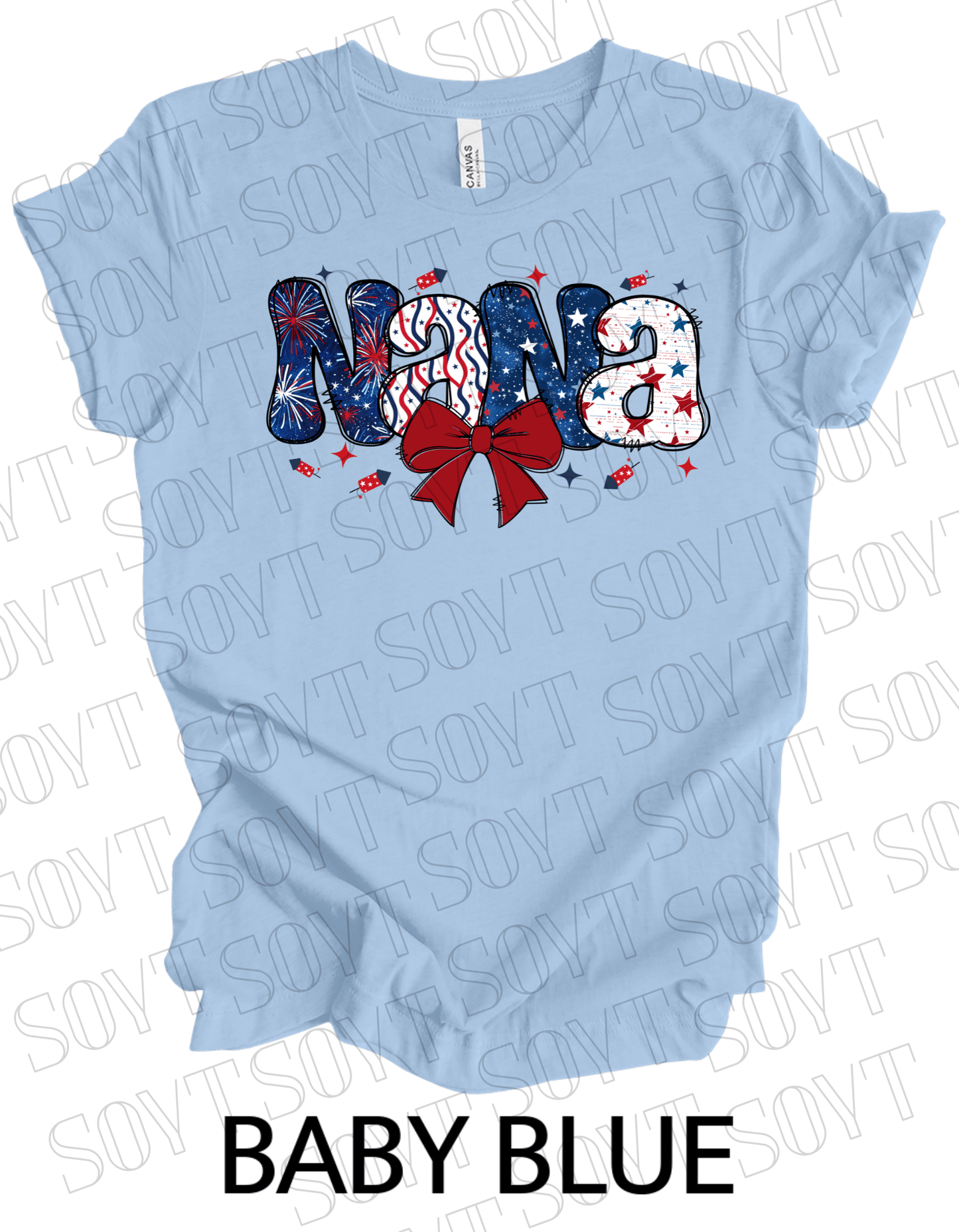 Patriotic Nana T-Shirt – 4th of July Grandma Shirt with Bow | Made in USA - Festive Apparel StoreBaby Blue