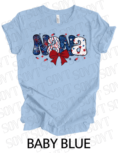 Patriotic Nana T-Shirt – 4th of July Grandma Shirt with Bow | Made in USA - Festive Apparel StoreBaby Blue