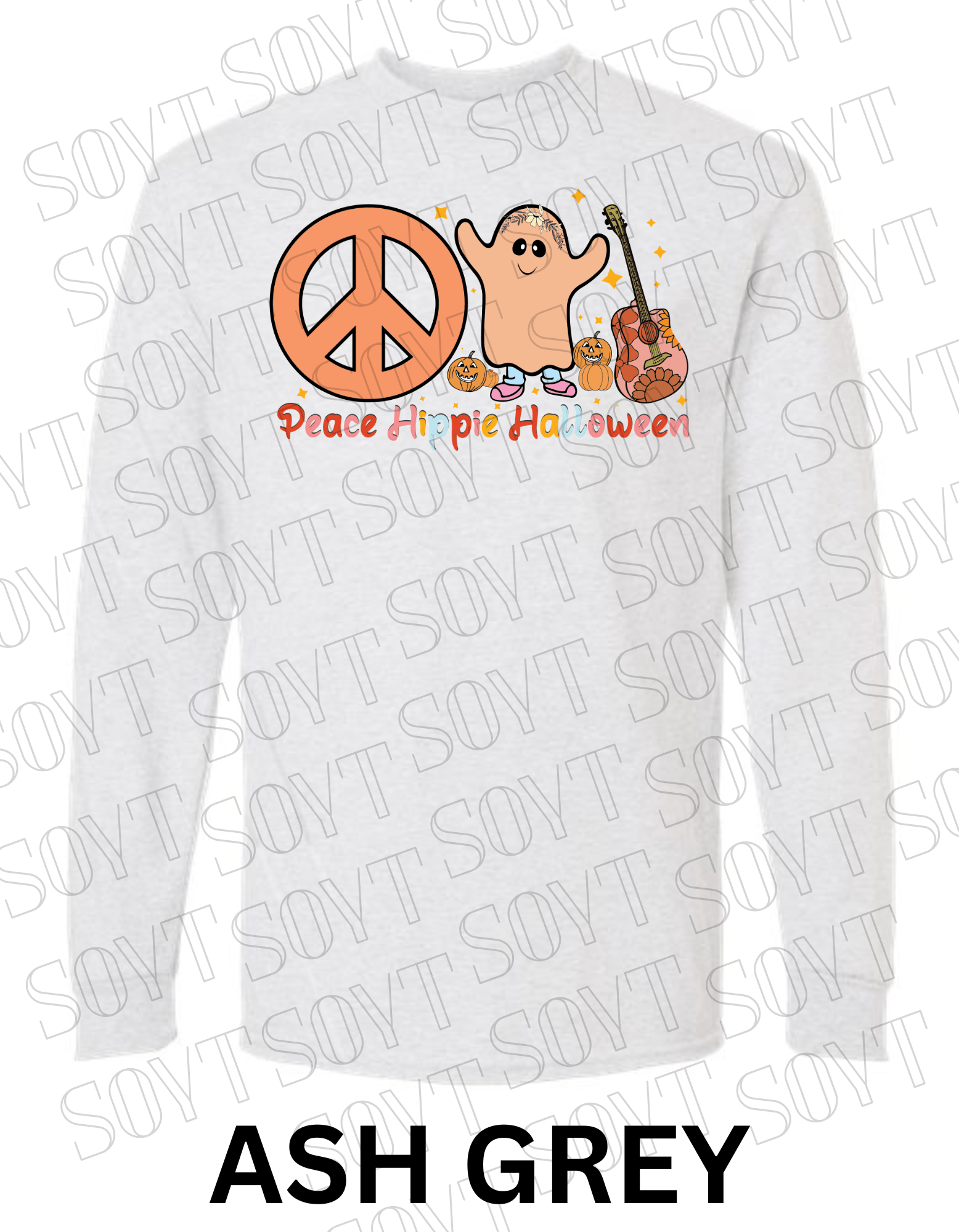 Peace Hippie Halloween Long Sleeve – Ghost, Peace Sign & Floral Guitar Fall Shirt - Festive Apparel StoreAsh Gray