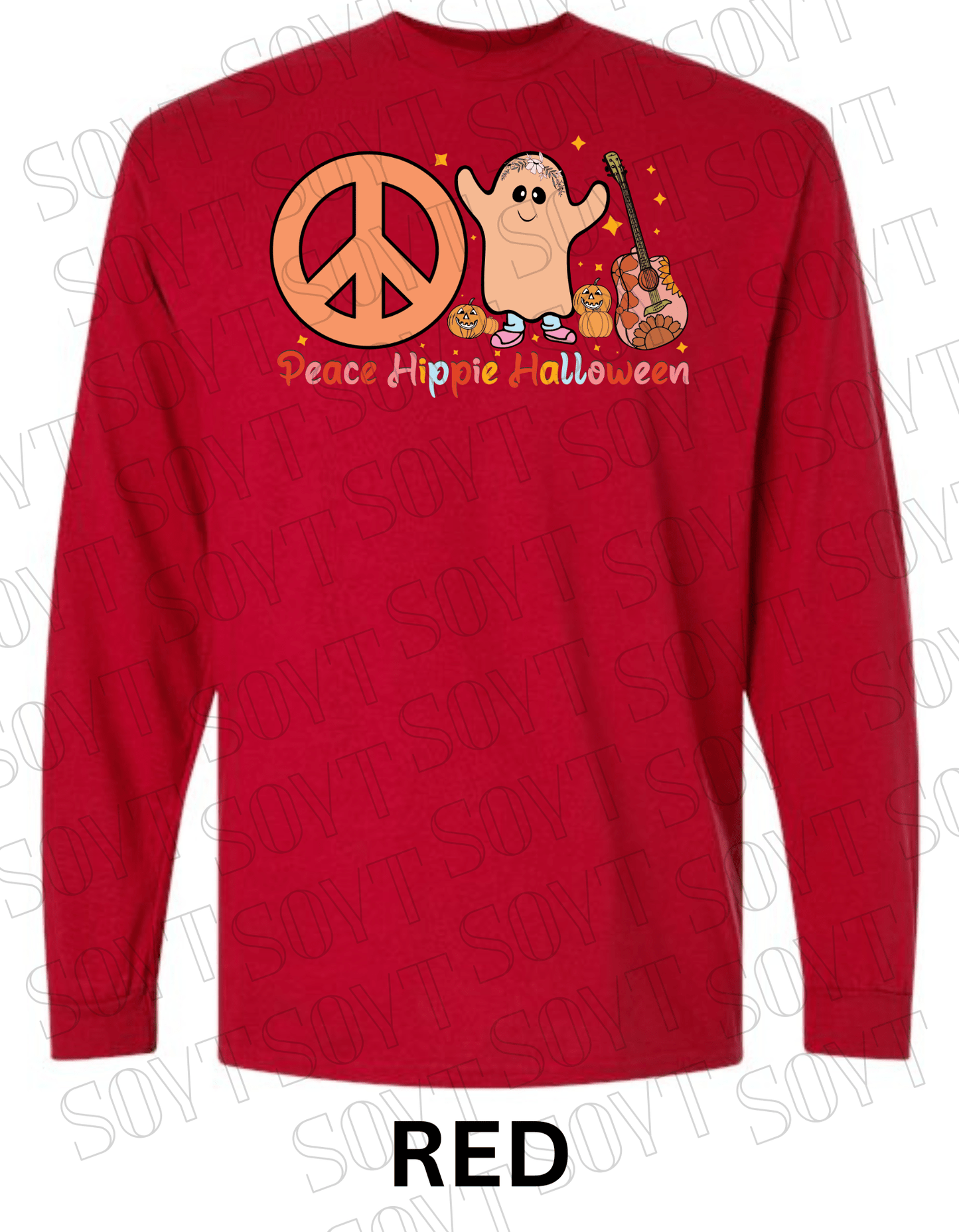 Peace Hippie Halloween Long Sleeve – Ghost, Peace Sign & Floral Guitar Fall Shirt - Festive Apparel StoreRed