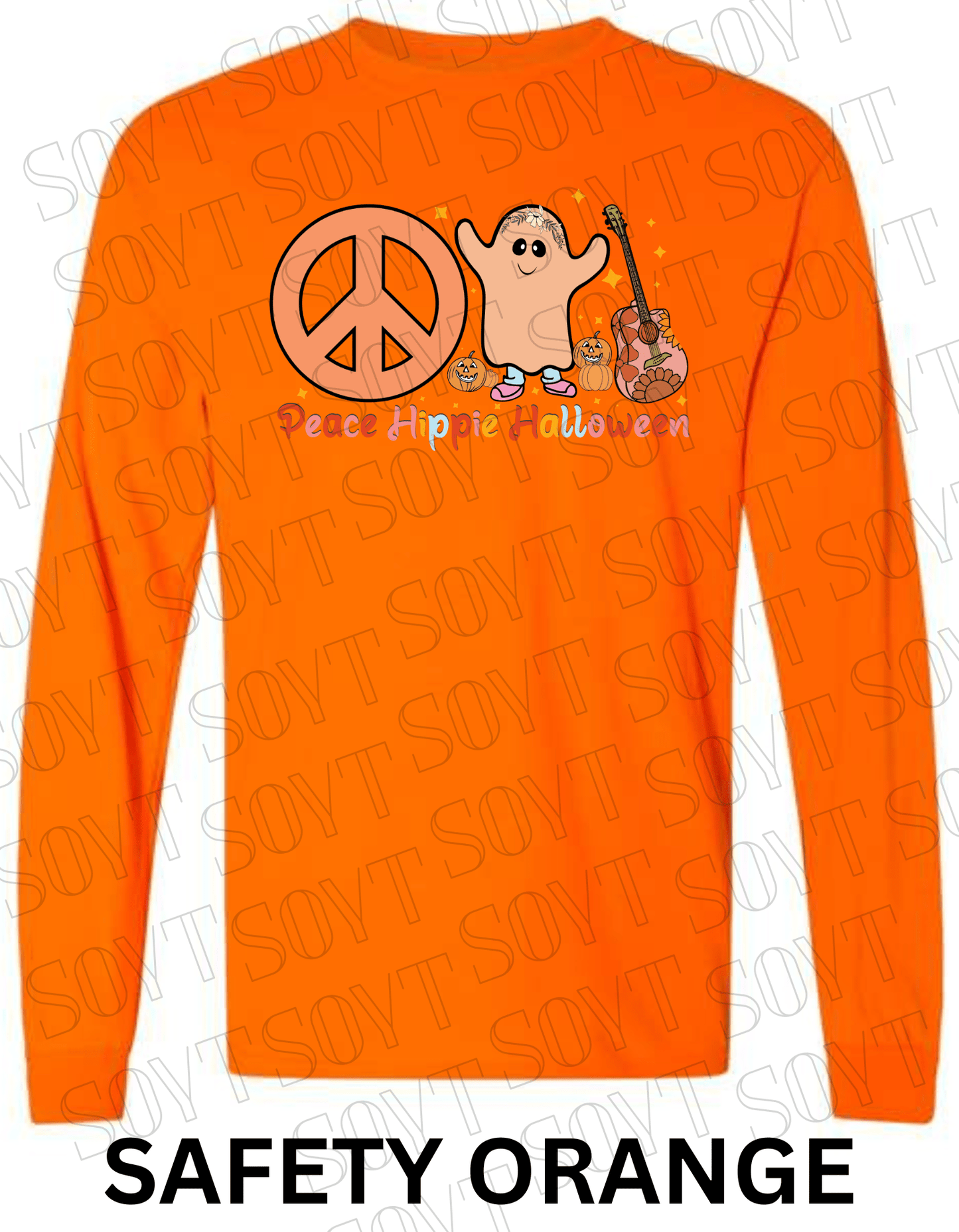 Peace Hippie Halloween Long Sleeve – Ghost, Peace Sign & Floral Guitar Fall Shirt - Festive Apparel StoreSafety Orange