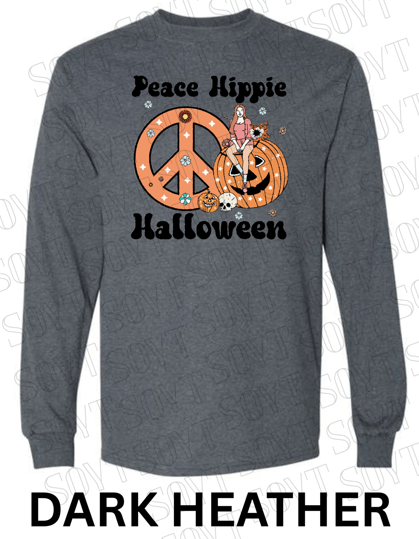 Peace Hippie Halloween Long Sleeve – Retro Girl, Pumpkins & Floral Peace Sign Shirt - Festive Apparel StoreDark Heather