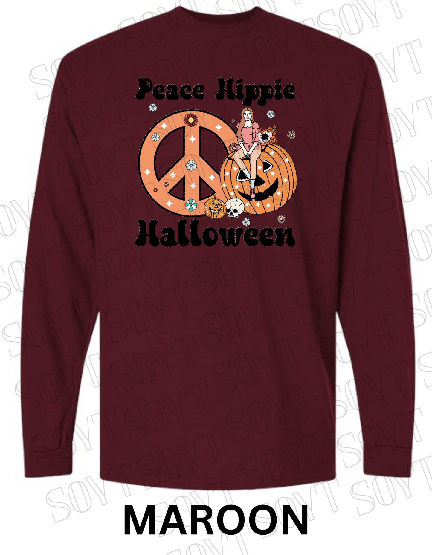 Peace Hippie Halloween Long Sleeve – Retro Girl, Pumpkins & Floral Peace Sign Shirt - Festive Apparel StoreMaroon