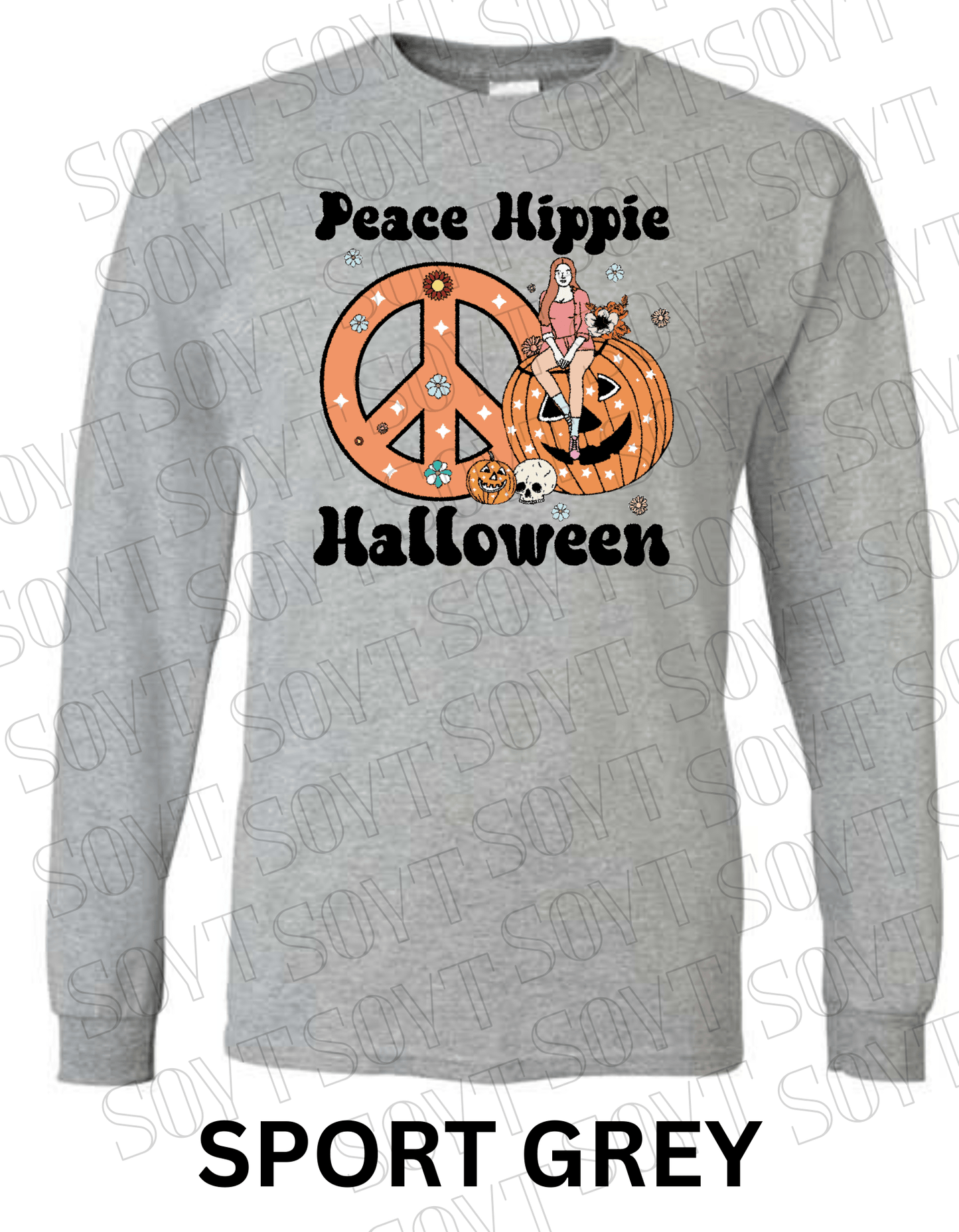 Peace Hippie Halloween Long Sleeve – Retro Girl, Pumpkins & Floral Peace Sign Shirt - Festive Apparel StoreSport Grey