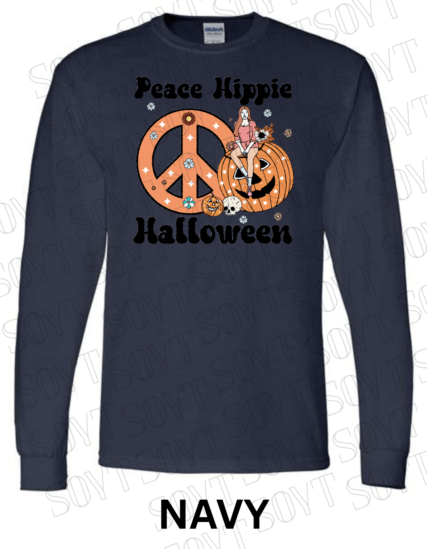 Peace Hippie Halloween Long Sleeve – Retro Girl, Pumpkins & Floral Peace Sign Shirt - Festive Apparel StoreNavy Blue