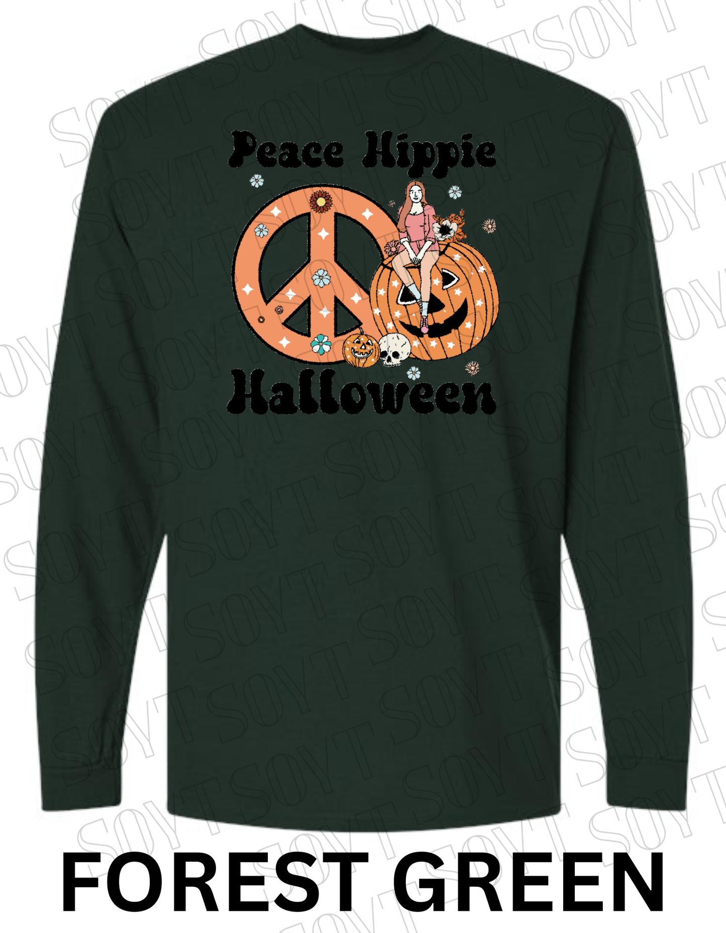 Peace Hippie Halloween Long Sleeve – Retro Girl, Pumpkins & Floral Peace Sign Shirt - Festive Apparel StoreForest Green