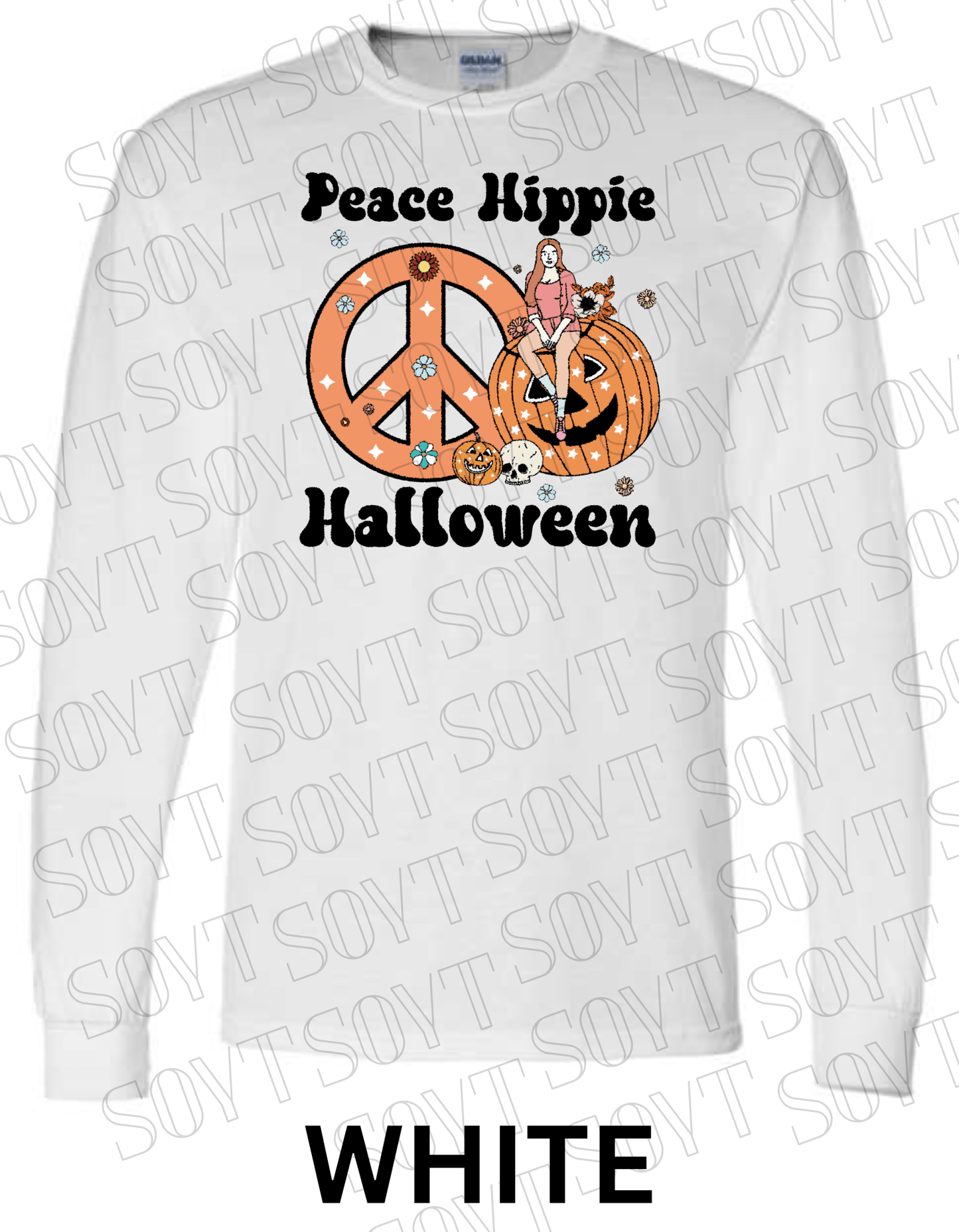 Peace Hippie Halloween Long Sleeve – Retro Girl, Pumpkins & Floral Peace Sign Shirt - Festive Apparel StoreWhite