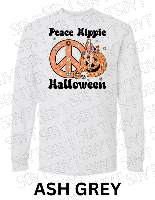 Peace Hippie Halloween Long Sleeve – Retro Girl, Pumpkins & Floral Peace Sign Shirt - Festive Apparel StoreAsh Gray