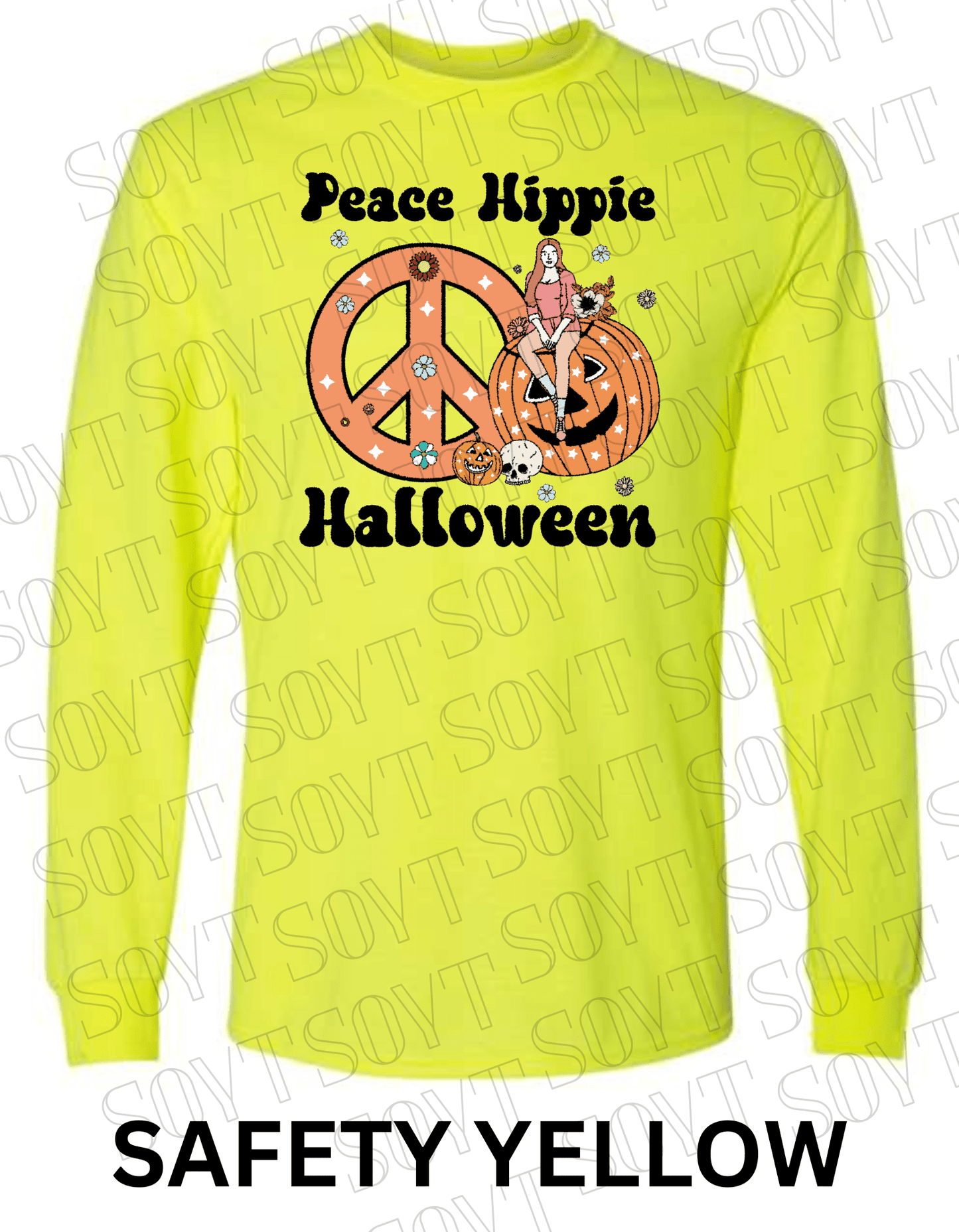 Peace Hippie Halloween Long Sleeve – Retro Girl, Pumpkins & Floral Peace Sign Shirt - Festive Apparel StoreSafety Yellow
