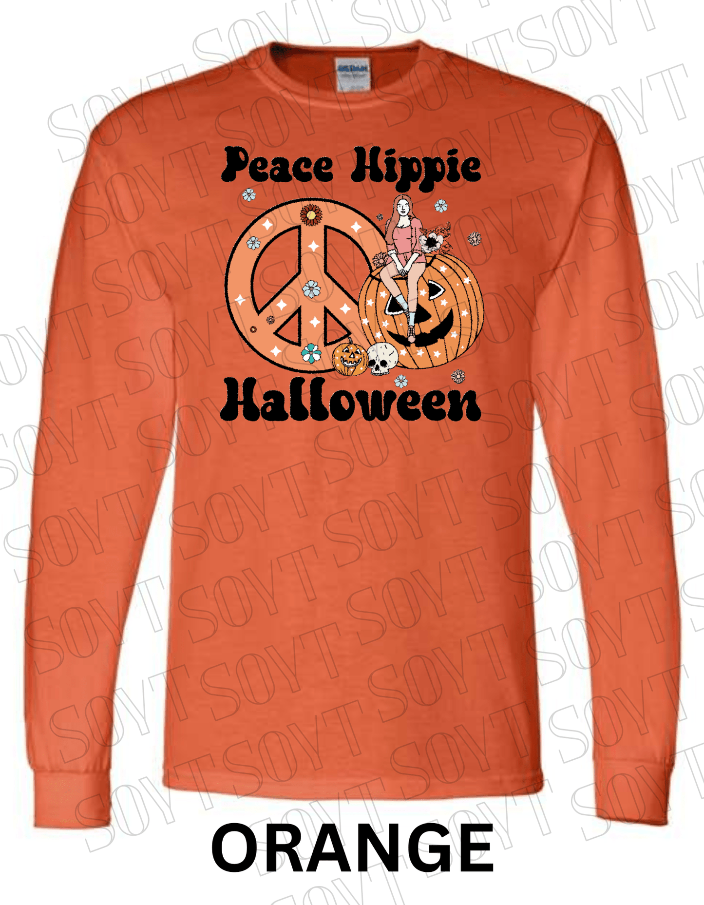 Peace Hippie Halloween Long Sleeve – Retro Girl, Pumpkins & Floral Peace Sign Shirt - Festive Apparel StoreOrange