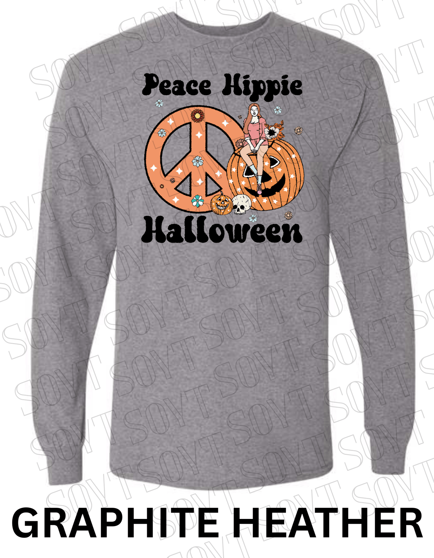 Peace Hippie Halloween Long Sleeve – Retro Girl, Pumpkins & Floral Peace Sign Shirt - Festive Apparel StoreGraphite Heather