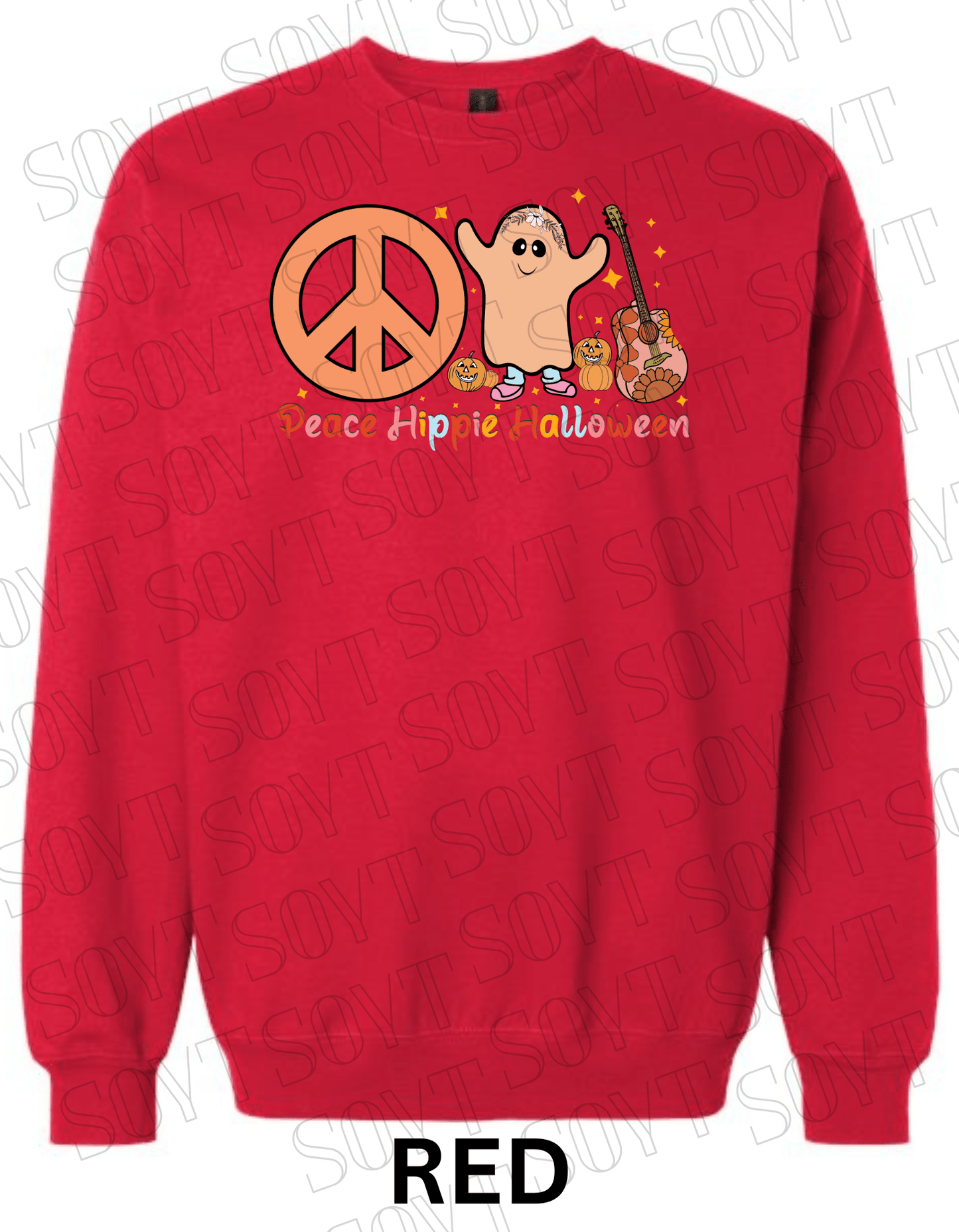 Peace Hippie Halloween Sweatshirt – Cute Ghost, Peace Sign & Floral Guitar Fall Pullover - Festive Apparel StoreRed