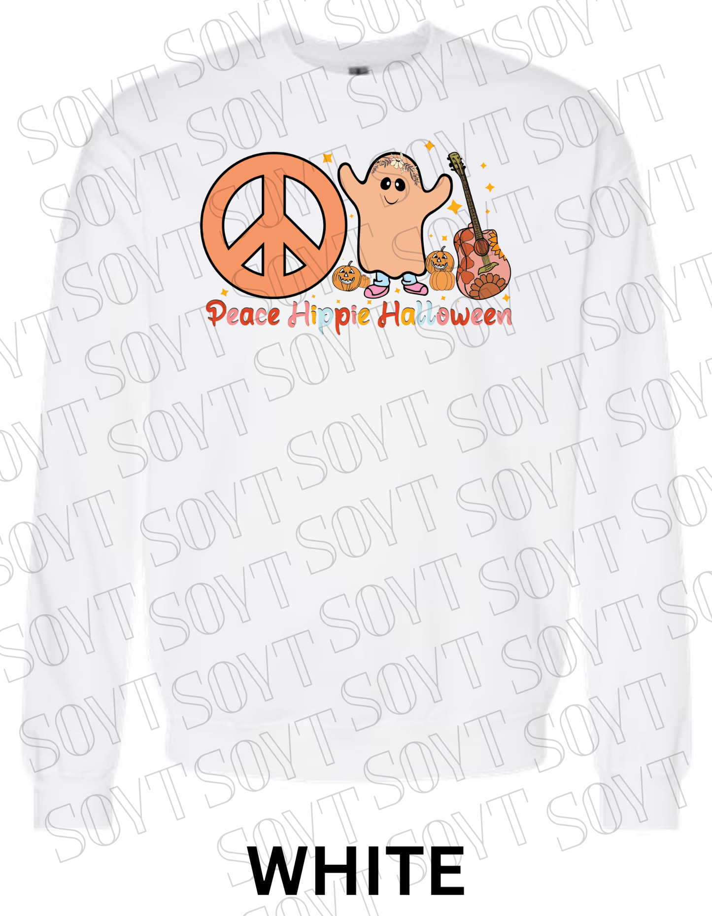 Peace Hippie Halloween Sweatshirt – Cute Ghost, Peace Sign & Floral Guitar Fall Pullover - Festive Apparel StoreWhite