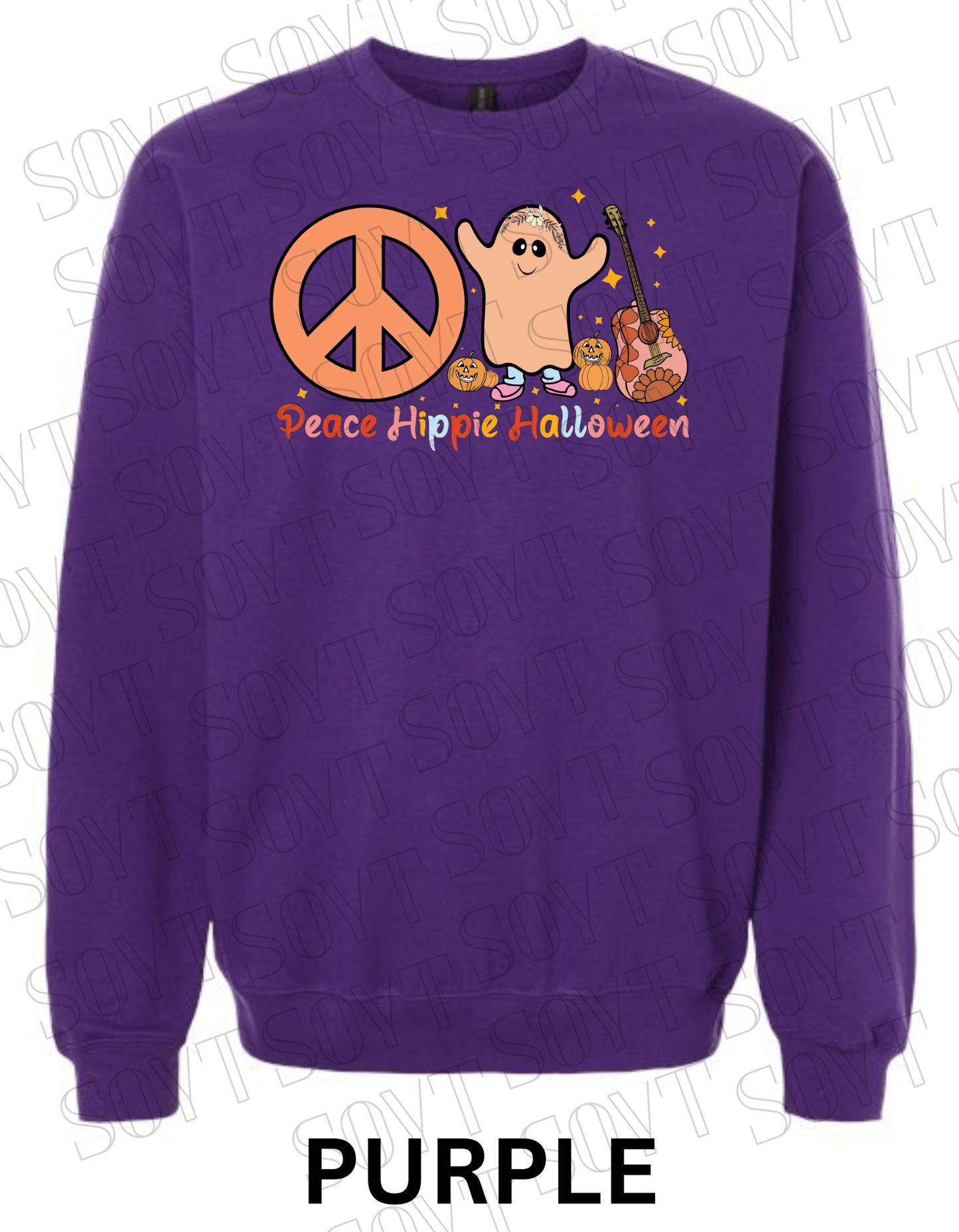 Peace Hippie Halloween Sweatshirt – Cute Ghost, Peace Sign & Floral Guitar Fall Pullover - Festive Apparel StorePurple